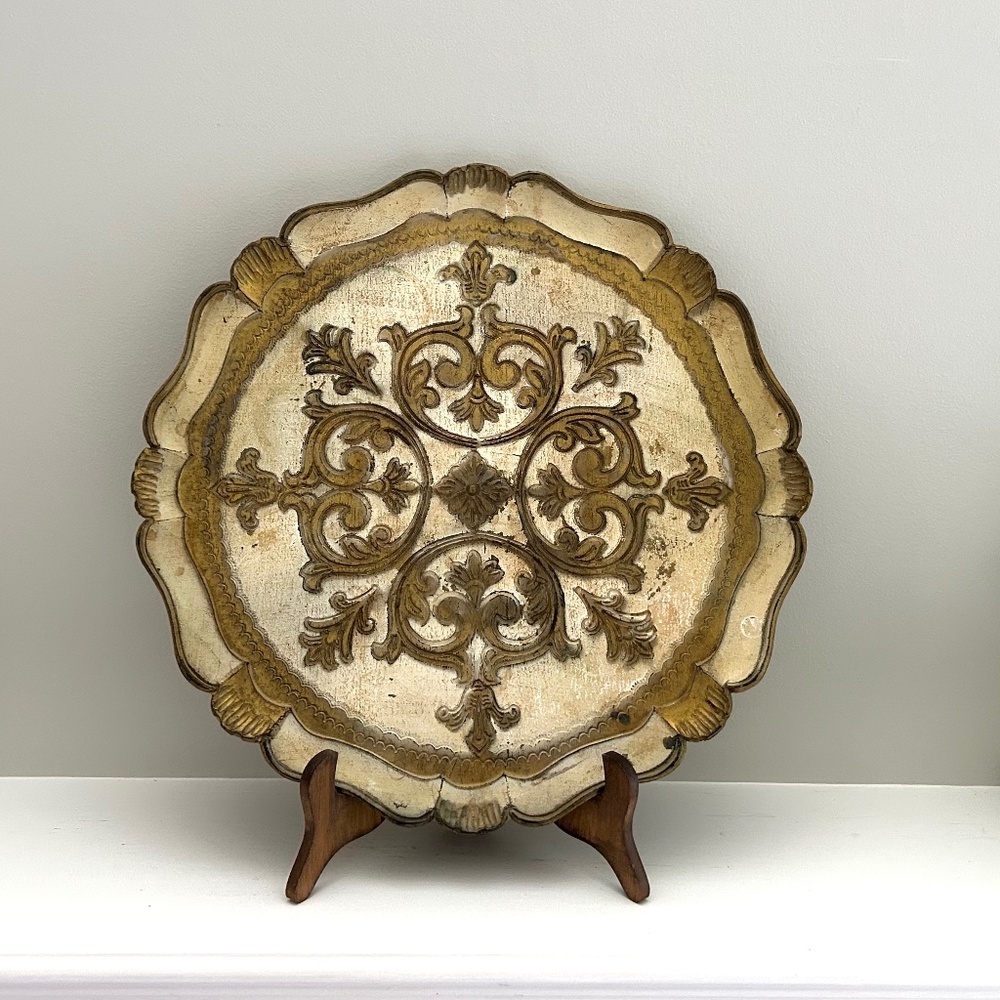 Vintage Italian Florentine Tray Ornate Round Gold & White Large Old World